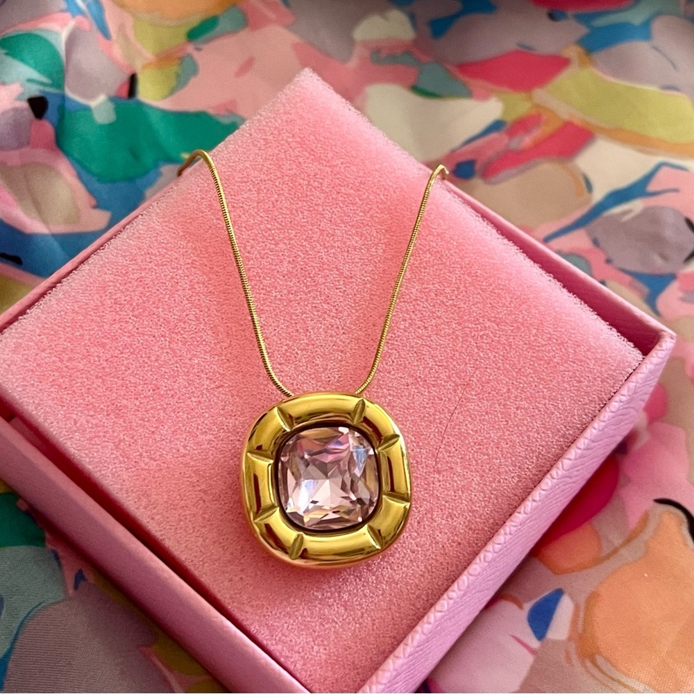 New 18K Gold Plated Stainless Steel Pink CZ Pendant Necklace | Gold Chain